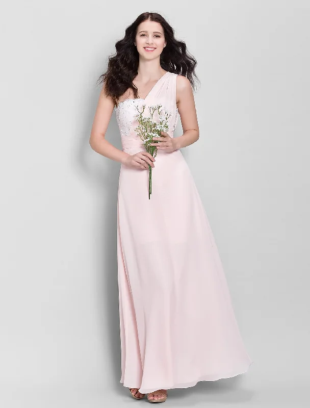 Sheath / Column Bridesmaid Dress One Shoulder Sleeveless Elegant Ankle Length Chiffon with Beading