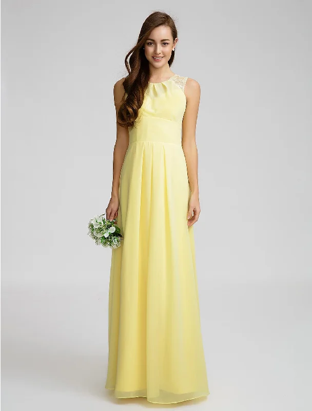 Sheath / Column Jewel Neck Floor Length Chiffon Bridesmaid Dress with Lace